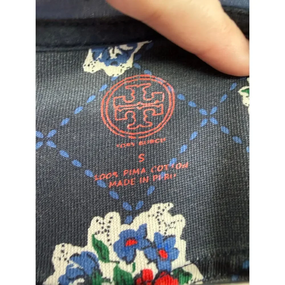 Tory Burch Printed Shirt Dress Navy Tea Rose Border Size Small